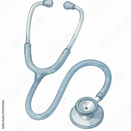 A light blue stethoscope, a medical instrument used for listening to internal body sounds, is depicted in a watercolor illustration.