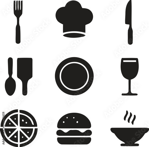 Vector icon set featuring culinary elements chef hat plate knife fork spoon spatula wine glass pizza burger soup bowl silhouette vector illustration white background
