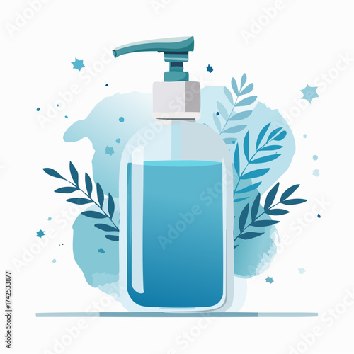 Clear pump bottle with blue liquid soap or sanitizer, surrounded by watercolor splashes and stylized leaves, conveying cleanliness and freshness.