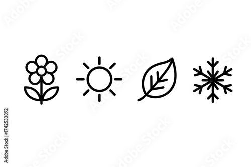 Minimalist icon set representing four seasons: flower, sun, leaf, snowflake