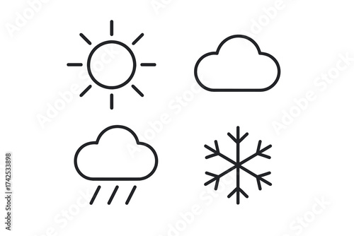 Minimalist weather icons: sun, cloud, rain, snowflake symbols in black outlines