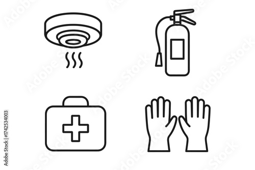 Essential safety equipment icons: smoke detector, fire extinguisher, first aid kit, gloves