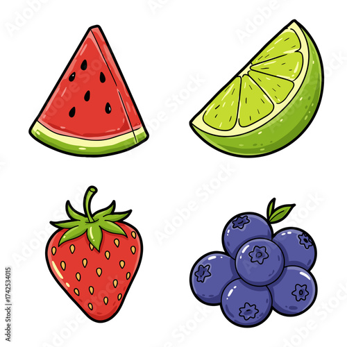 Colorful fruit illustrations of watermelon, lime, strawberry, and blueberry  