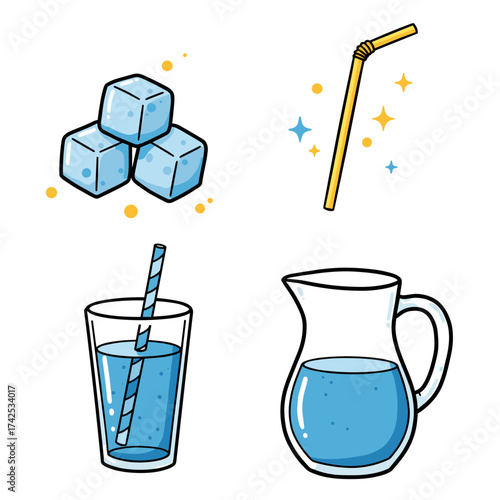 Ice cubes, glass of water with straw, and pitcher on white background