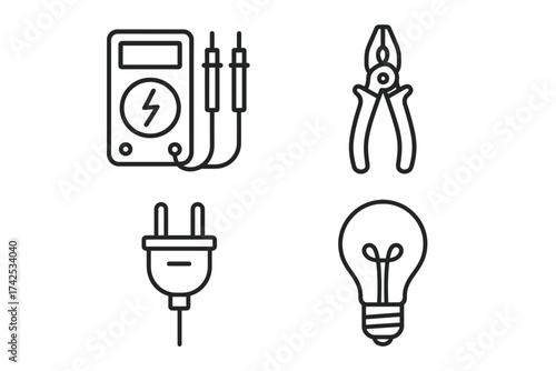 Electric tools and symbols: multimeter, pliers, plug, light bulb line art
