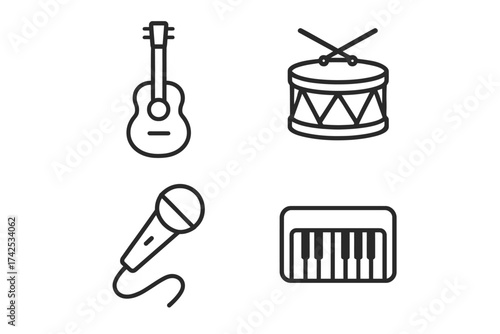 Set of musical instruments: guitar, drum, microphone, and piano icons