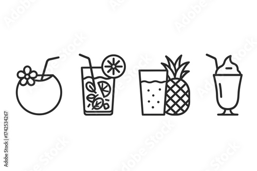 Minimalist black line icons of tropical drinks with fruits and garnishes