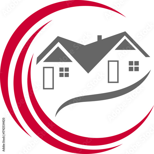 Zwei Häuser, Dächer und Sonne, Immobilien und Dachdecker Logo, Icon, Hintergrund
