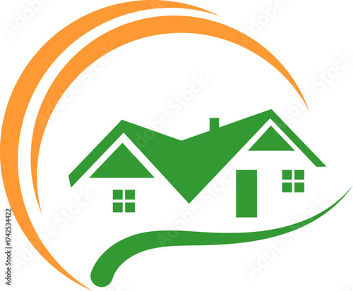 Zwei Häuser, Dächer und Sonne, Immobilien und Dachdecker Logo, Icon
