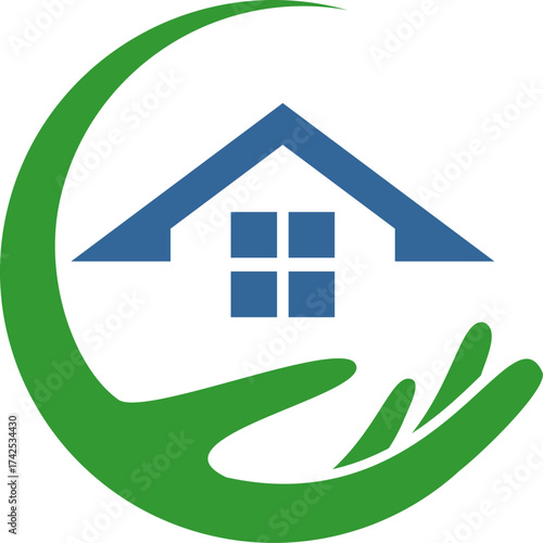 Haus, Dach und Hand, Immobilien und Dachdecker Logo, Icon