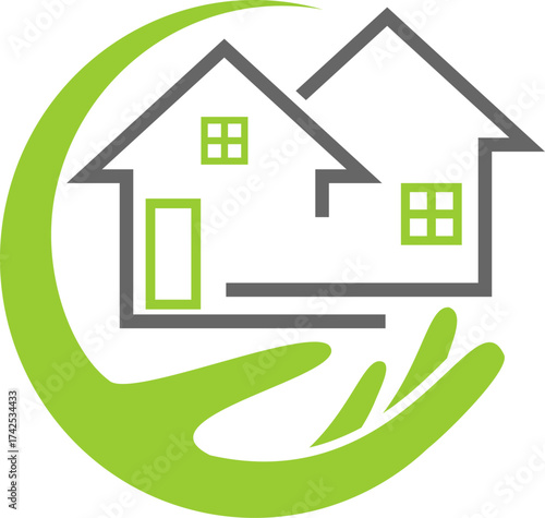 Zwei Häuser und Hand, Immobilien und Dachdecker Logo, Icon, Hintergrund