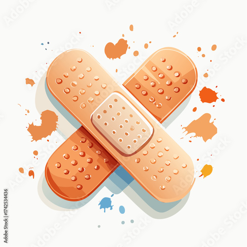 An artistic watercolor illustration of two crossed adhesive bandages on a white background with paint splatters.