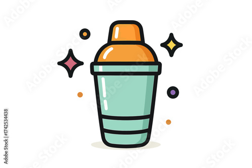 Colorful cartoon cocktail shaker with sparkles and bubbles