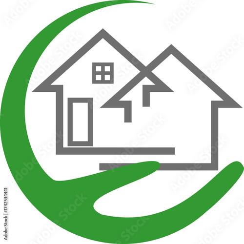 Zwei Häuser und Hand, Immobilien Logo, Icon