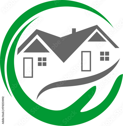 Zwei Häuser und Hand, Immobilien und Dachdecker Logo, Icon
