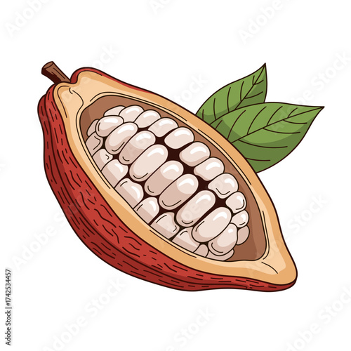 A fresh cocoa pod cut in half revealing its white beans and green leaves.