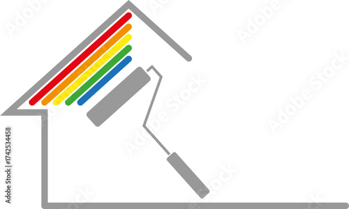 Farbrolle, Haus und Kleckse, Maler Logo, Hintergrund
