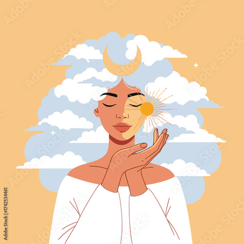 Celestial woman with sun and moon in her hair clouds and stars surrounding her.