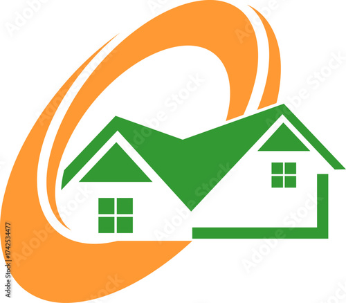 Zwei Häuser und Sonne, Immobilien Logo, Icon