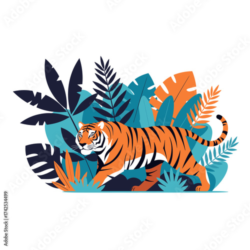 A majestic tiger prowls through a lush tropical jungle environment filled with exotic plants.