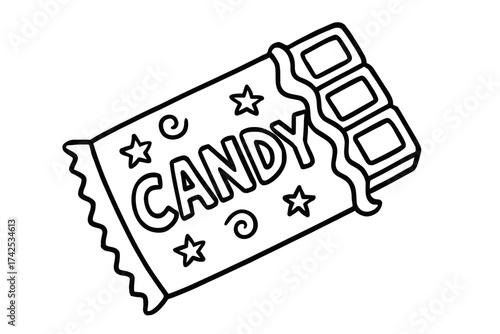 Black and white candy bar drawing with stars and swirls on wrapper