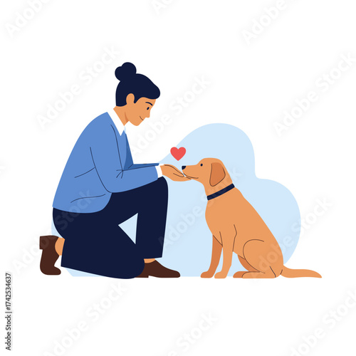 A gentle person kneels to offer affection and a treat to a beloved dog receiving it with a paw.