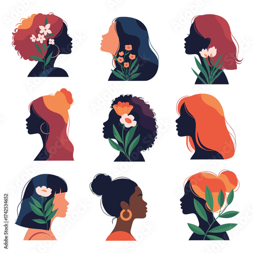Diverse women portraits with floral elements and vibrant hairstyles