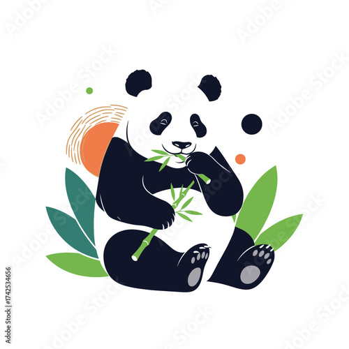 A cute giant panda is sitting and eating bamboo leaves while surrounded by colorful abstract shapes and green leaves.