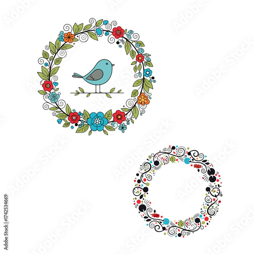 A charming watercolor illustration of two decorative floral wreaths with a small blue bird sitting on a branch in the upper wreath.
