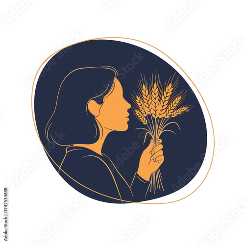 A woman is holding a bouquet of wheat stalks with her face in profile on a dark blue oval background.