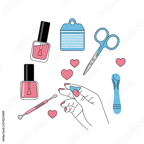 An illustration of manicure tools including nail polish and heart shapes.