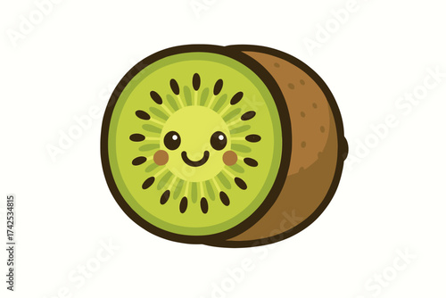 Cute cartoon kiwi fruit with smiling face on white background