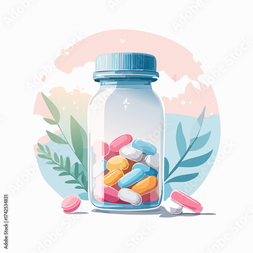 A clear plastic bottle filled with colorful pills and capsules, with a soft, abstract background of leaves and pastel colors.