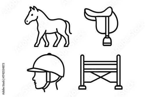 Simple horseback riding icons: horse, saddle, helmet, jumping obstacle