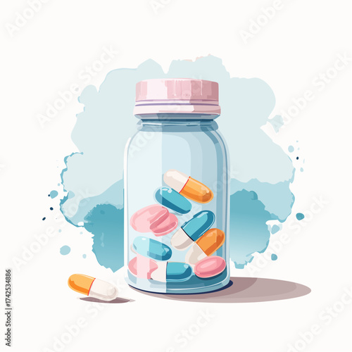 Illustration of a transparent medicine bottle filled with colorful pills, with one pill lying outside.
