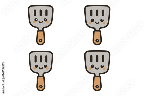 Cute cartoon kitchen utensils with smiling faces on spatulas