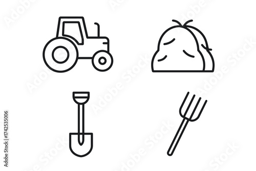 Outline icons of tractor, haystack, shovel, and pitchfork for agriculture and farming