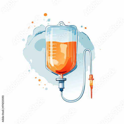 An illustration of an intravenous drip bag filled with orange liquid, connected to tubing and a needle.