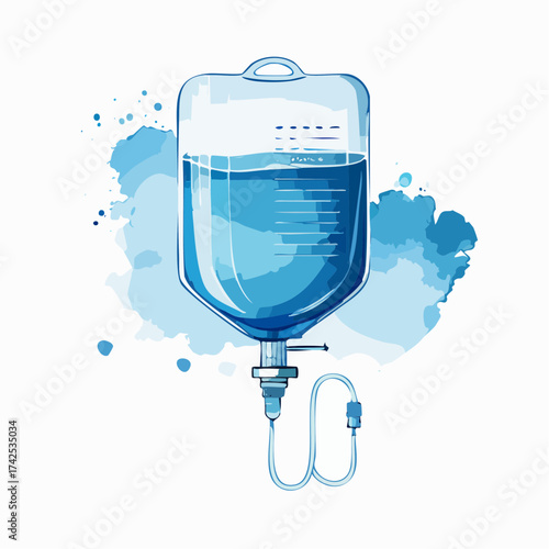 Stylized watercolor illustration of an essential intravenous fluid bag, symbolizing medical care, hydration, and the journey towards well-being and recovery