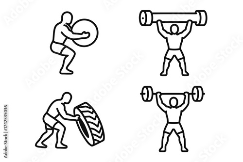 Line art illustrations of male weightlifting and strength exercises