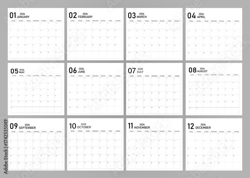 Calendar layout of 2026 | Monthly diary planner in 2026 | Monthly calendar template for 2026 year | Wall calendar in a minimalist style with black font color
