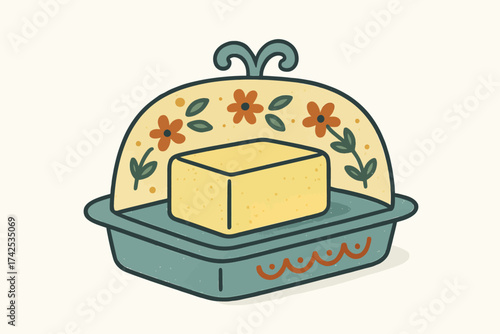 Decorative butter dish with floral pattern and handle