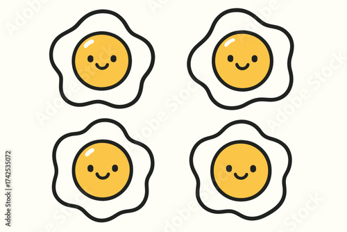 Cute smiley face fried eggs in simple cartoon style with happy expressions