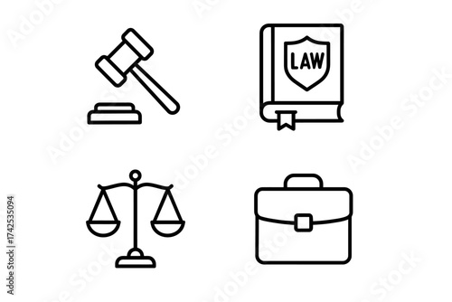Law icons set: gavel, legal book, scales of justice, briefcase