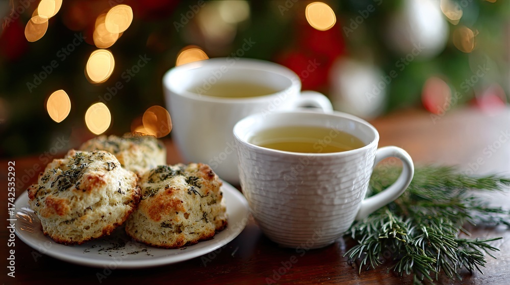 Fototapeta premium Freshly Baked Scones and Herbal Tea on Rustic Wooden Table Surface