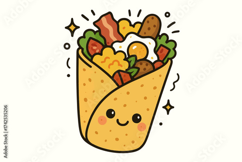 Cute breakfast burrito cartoon with smiling face and tasty toppings