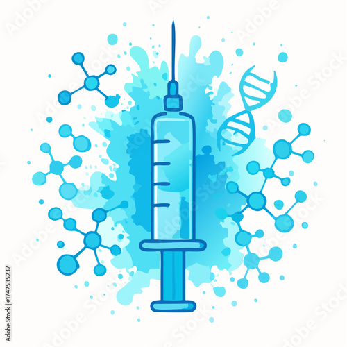 A vibrant illustration depicting a syringe surrounded by molecular structures and a DNA helix, symbolizing medical research and biotechnology.