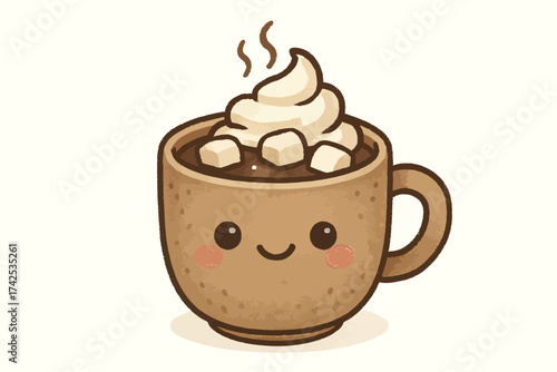 Cute hot chocolate mug with marshmallows and whipped cream smiling face