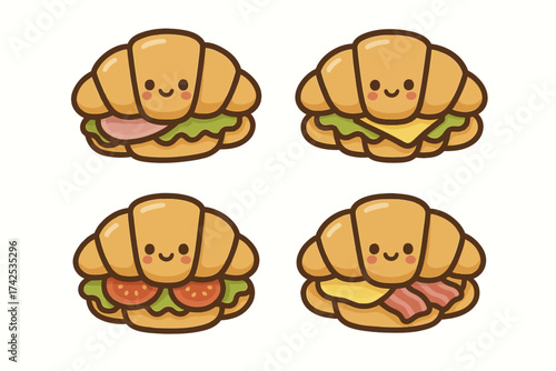 Cute cartoon croissant characters with various fillings: cheese, ham, lettuce, tomato