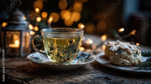 Cozy Christmas Setting with Tea Cup and Scones on Wooden Table